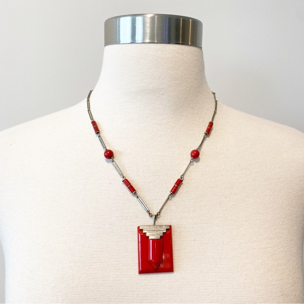 698 Vintage 1930s Jakob Bengel Necklace Chrome Links and red Bakelite Beads